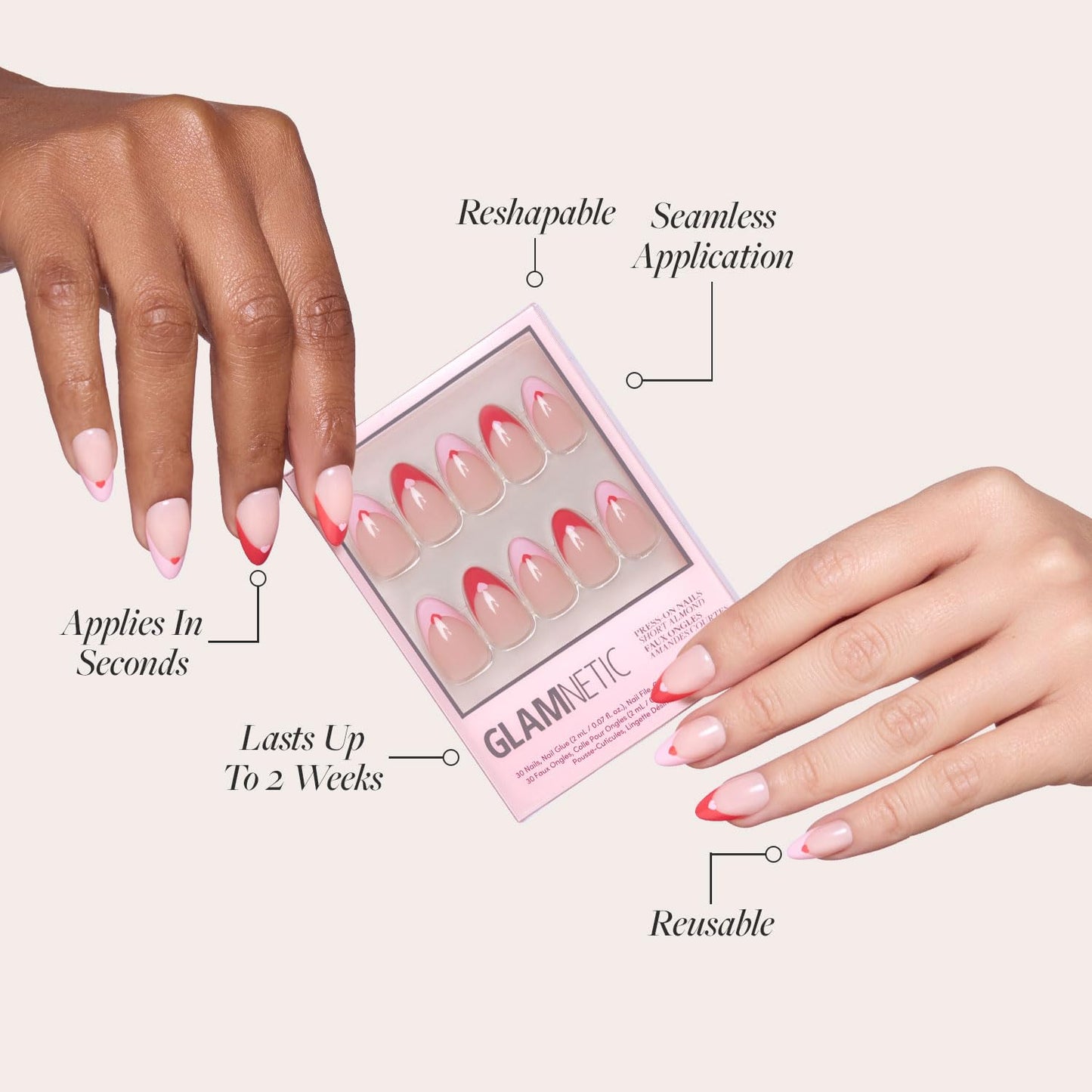 Glamnetic Press-On Nails Bundle - Pure Hearted & Caviar | Short Almond Fake Nails with Heart Accents | Short Almond Black French Tip False Nails | Reusable, Salon-Quality Nail Kits