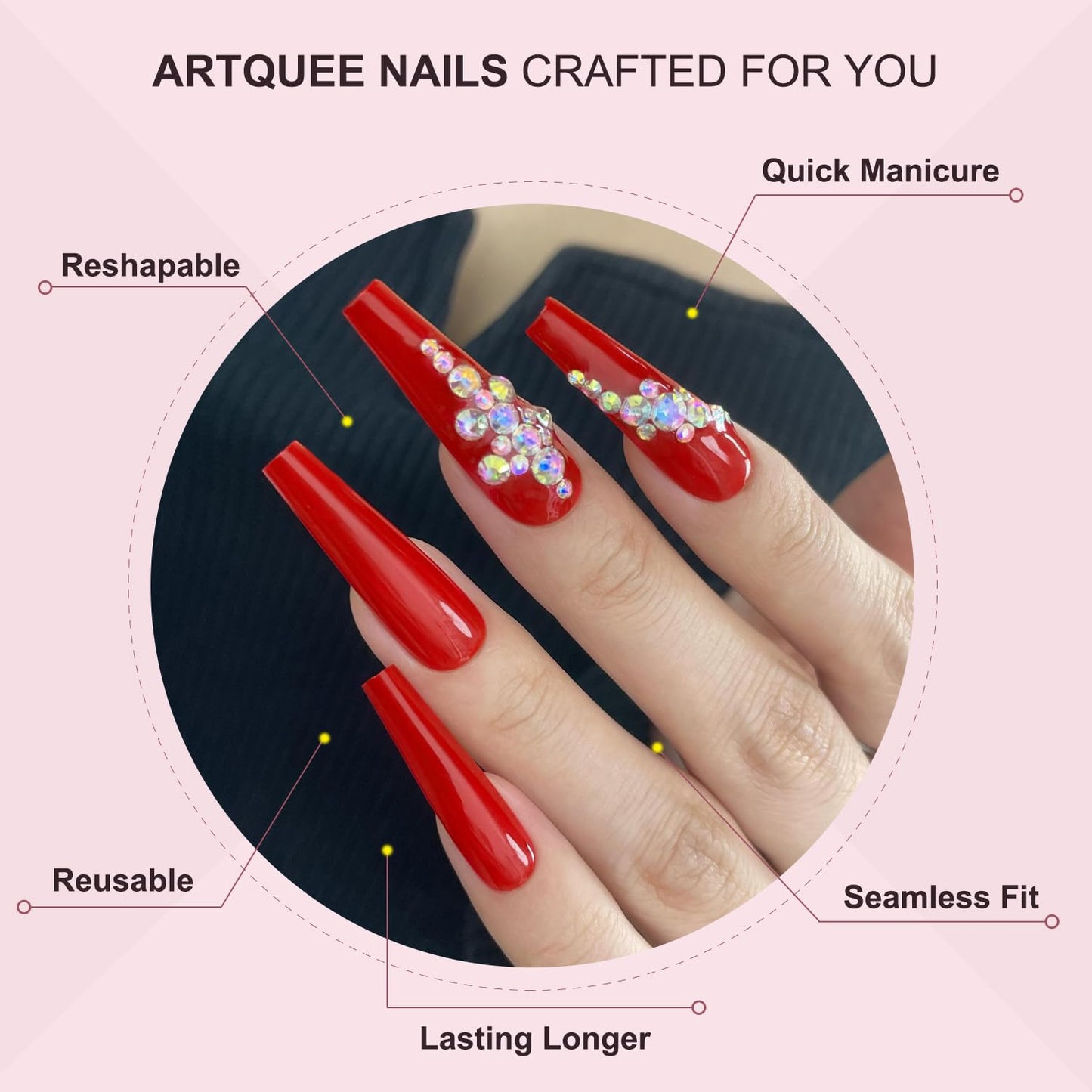 Artquee Red Coffin Press on Nails Long Fake Nails with Rhinestones Design Full Cover Luxury Bridal Wedding False Nail Kit Stick on Nails for Women 24Pcs