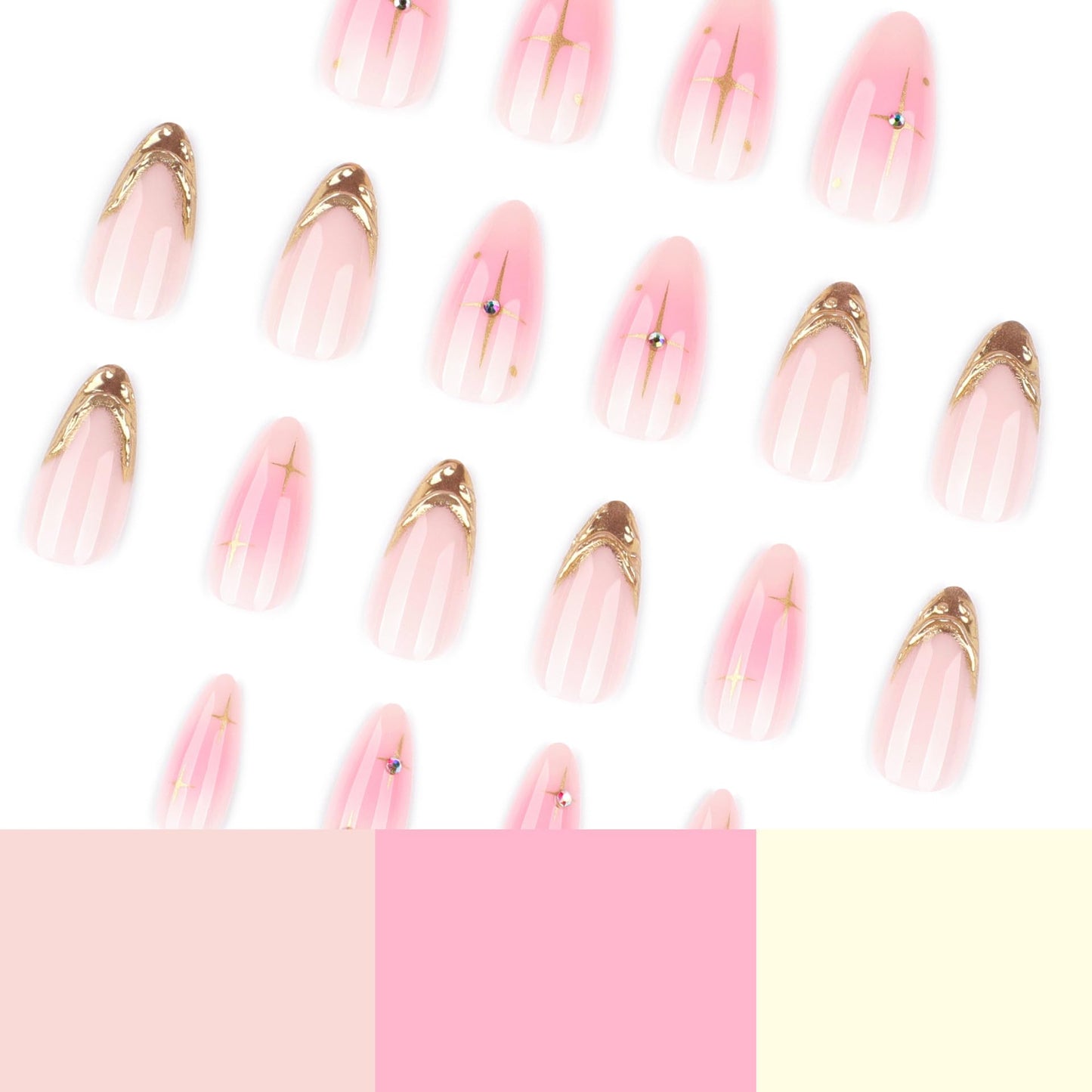 LBPEPAMZ 24Pcs Pink Press on Nails Short Almond Fake Nails with 3D Rhinestones Design Embossed Gold French Tip Acrylic False Nails Ombre Full Cover Glossy Glue on Nails for Women Daily Manicure Decor