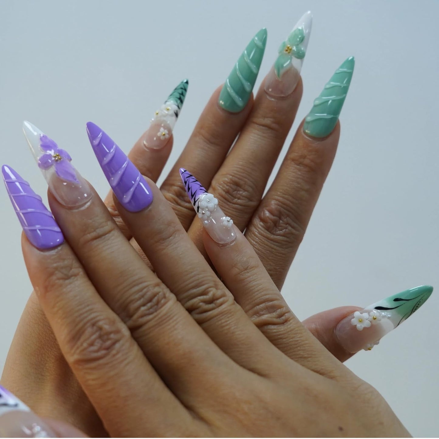 Tesytto Purple & Green Press on Nails Long Stiletto - Handmade Floral Leopard French Tip, Luxury 3D Flower Design, Spring Vacation Salon Finish Stick on Nails (Flower Fairy,S)