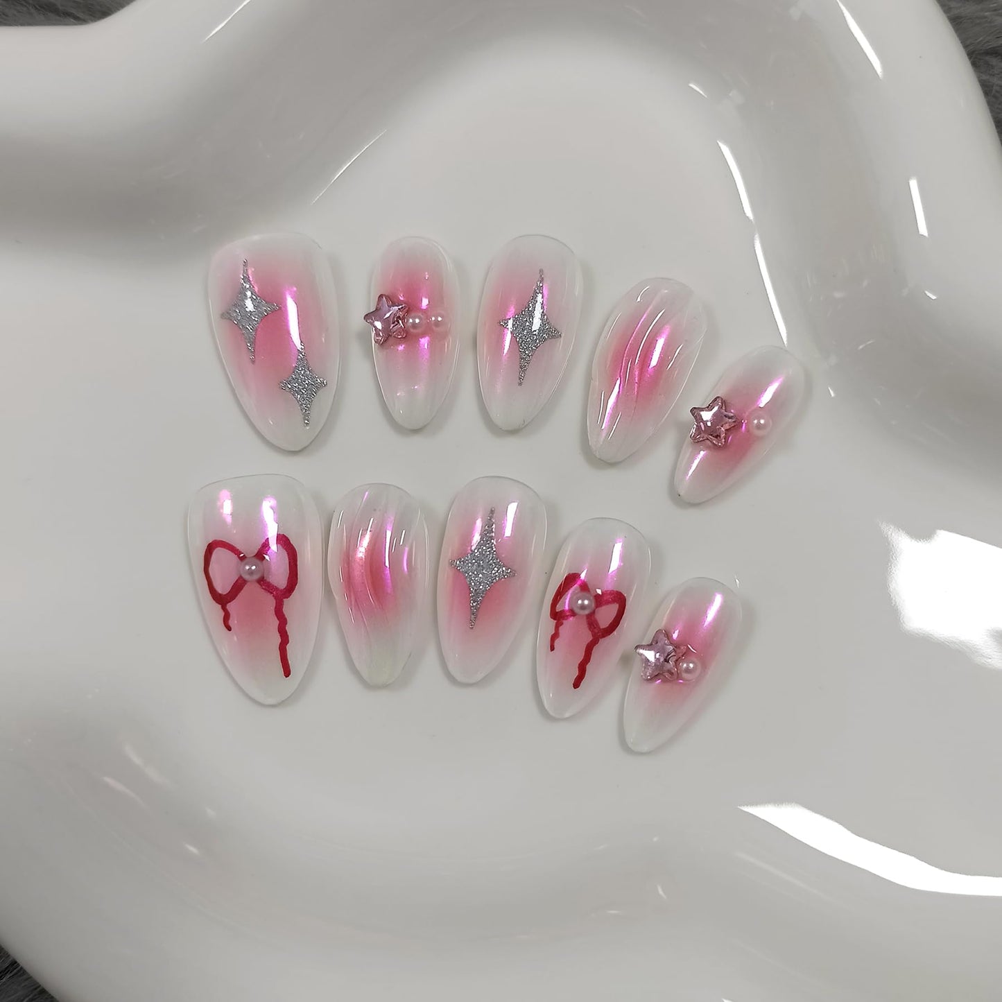 TENPAL Handmade Press On Nails Almond,Aurora Pink Acrylic Glossy Y2k Sweet Cool Soft Gel Fake Nails,Reusable Glue On Nails With Star Bow Stars Designs,10pcs/Box Manicure Art With Charms(M)