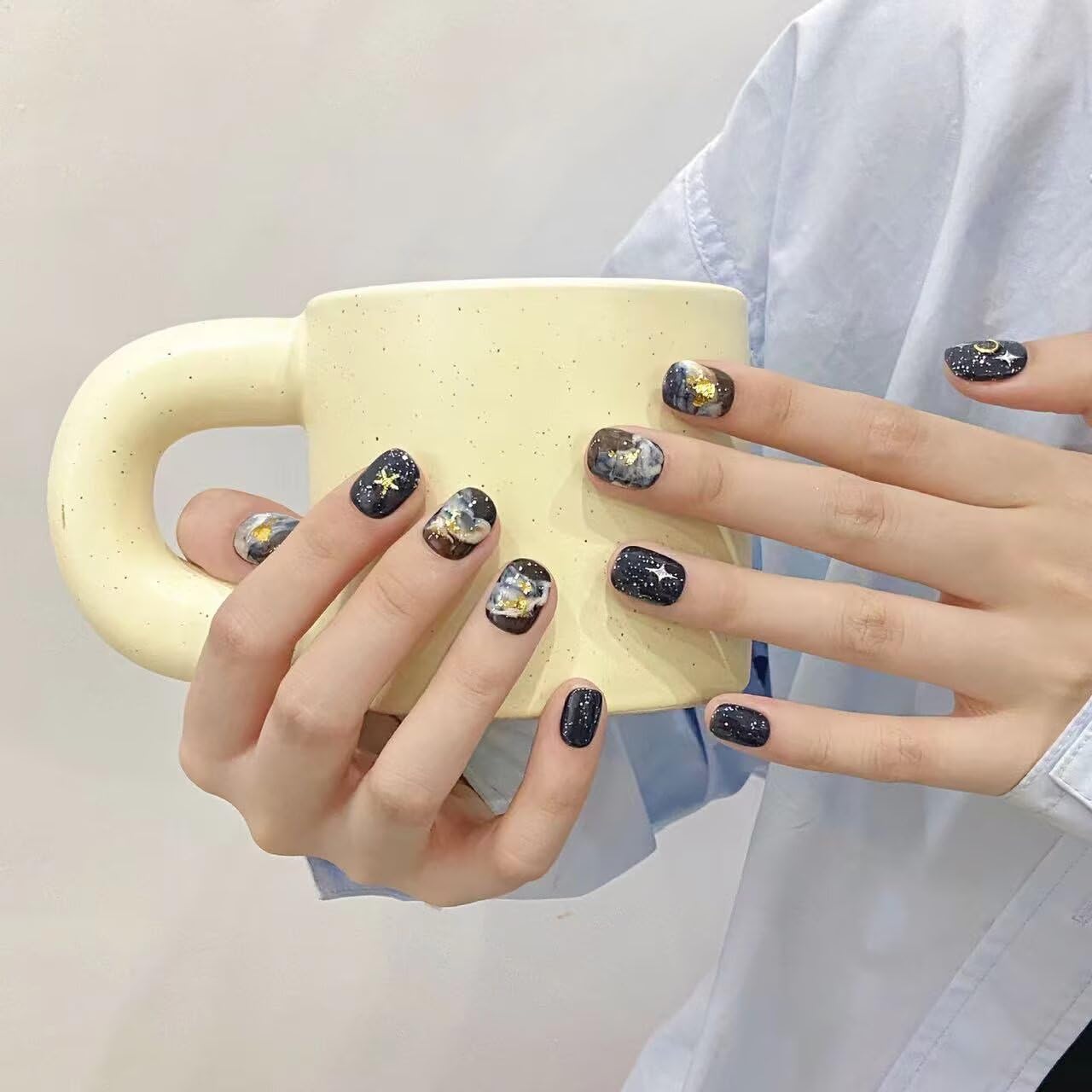 Handmade Press On Nails Reusable Stick On Fake Nails Blue oil Painting Style Stars and Moon Luxury Elegant Sexy Style For Women Gift With Nail Glue M