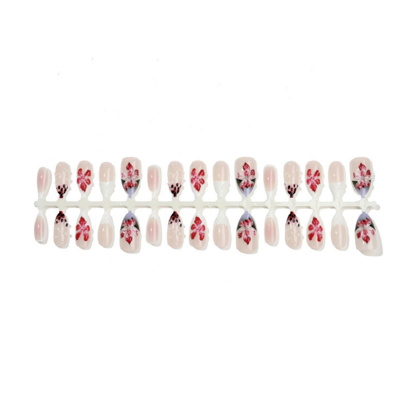 SEENEEY Almond Press on Nails Long Fake Nails French Artificial Nail Red Floral Designs Cute Stick on Nail for Women 24pcs