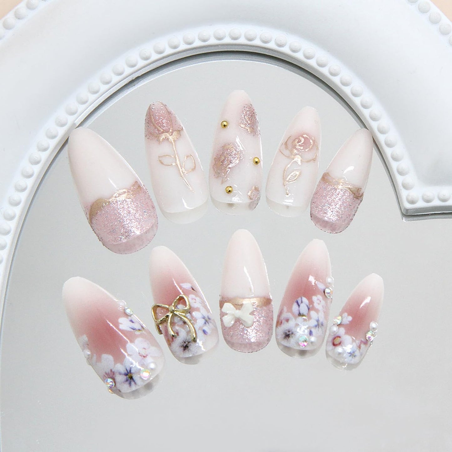 24Pcs Flower Press on Nails Medium Almond Fake Nails with Bow Rhinestones Designs Pink Acrylic Nails Glitter Glue on Nails Cute Floral False Nail Rose Flowers Stick on Nail for Women Nail Supplies