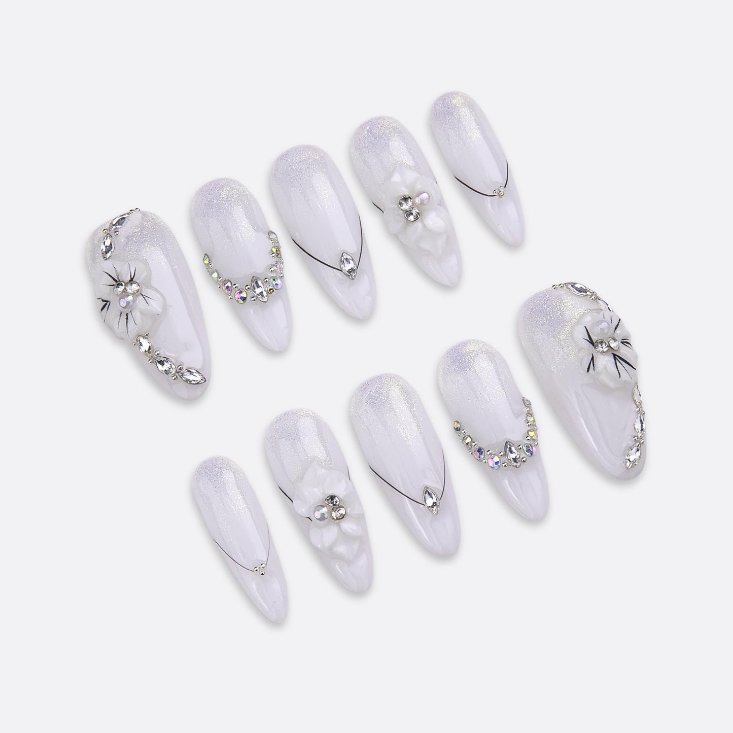 SIYOU Beauty | Love Sparkle | White Rhinestone Romantic Long Almond Press On Nails for Women (Large) - Reusable, Salon-Quality Fake Nails (10pc)