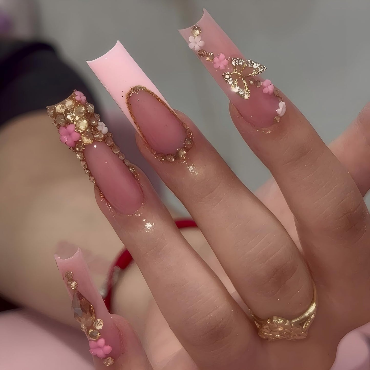 Luxury Handmade Press on Nails Long Square Fake Nails Summer Pink Press Ons with Rhinestones Flowers Design Reusable False Nails Full Cover Stick on Nail for Women Manicure 10Pcs (Size M)