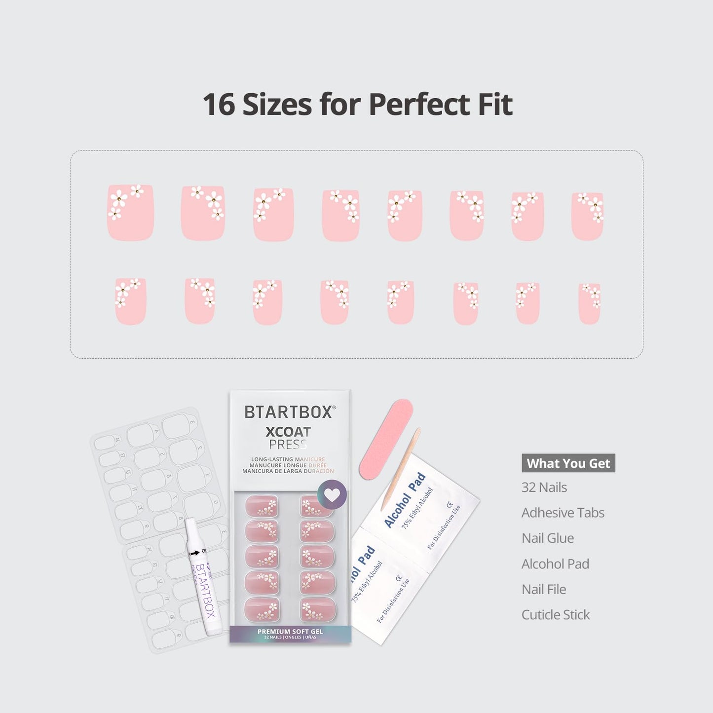BTArtbox Press On Nails Short - Wrist Corsage, Lamp-Curable 4-Week Wear 3D Flower Pink Square Press On Nails with Glue and Adhesive Tabs, Easy-to-Apply in 16 Sizes - 32 Nails All-in-One Kit