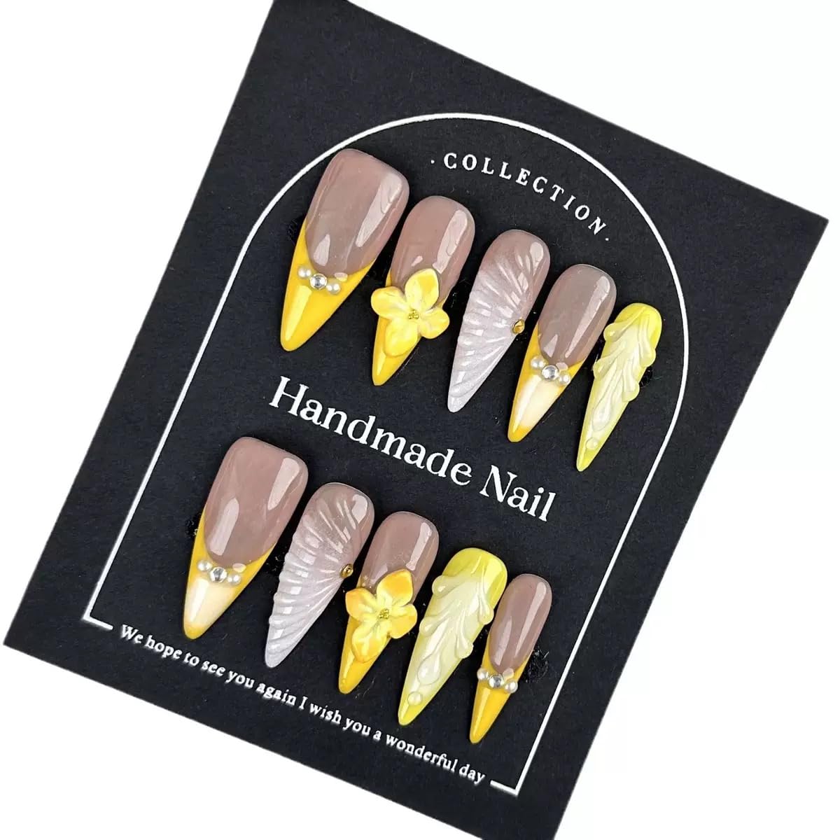 100% 5D Handmade Press on Nails with Charms Long Stiletto Nails Press ons- French Tips False Nails Ombre Orange Yellow Press on Nails Summer Fake Nails for Women Girls Daily Wear DIY Manicure Size S