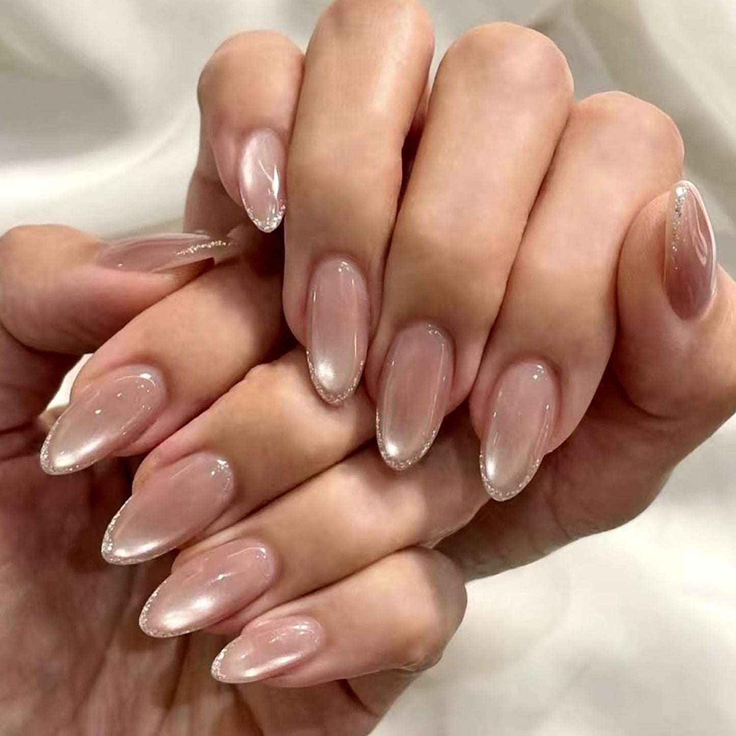 24PCS Soft Gel Press On Nails Almond Nude Pink with Subtle Glitter French Tip, Natural Glossy Glue On Nails, Reusable Fake Nails for Women
