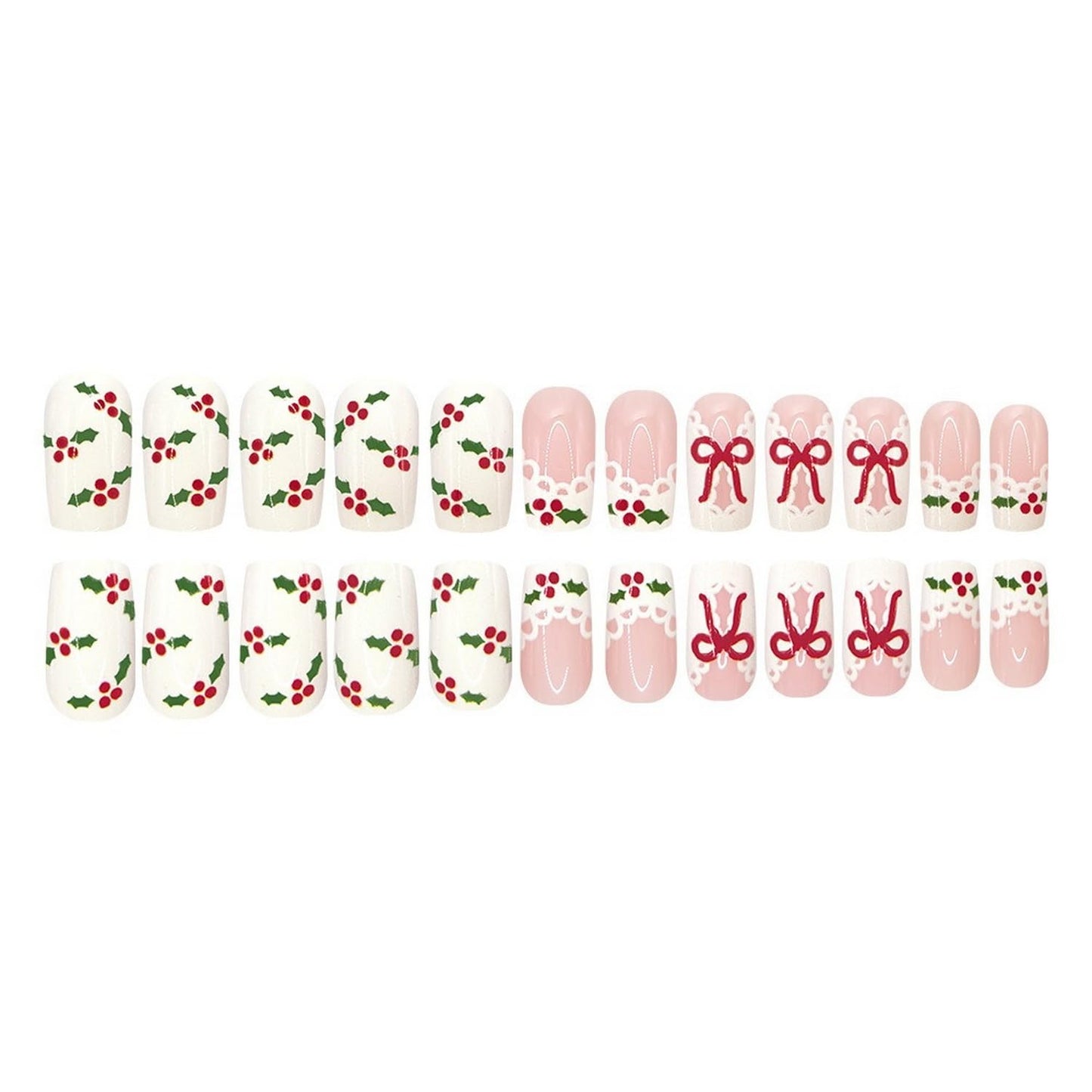 Christmas Press on Nails Short Square Fake Nails with White Red Green French Knot Lace Edge Design False Nails Full Cover Bow Acrylic Nail for Women DIY Manicure Decoration 24 Pcs
