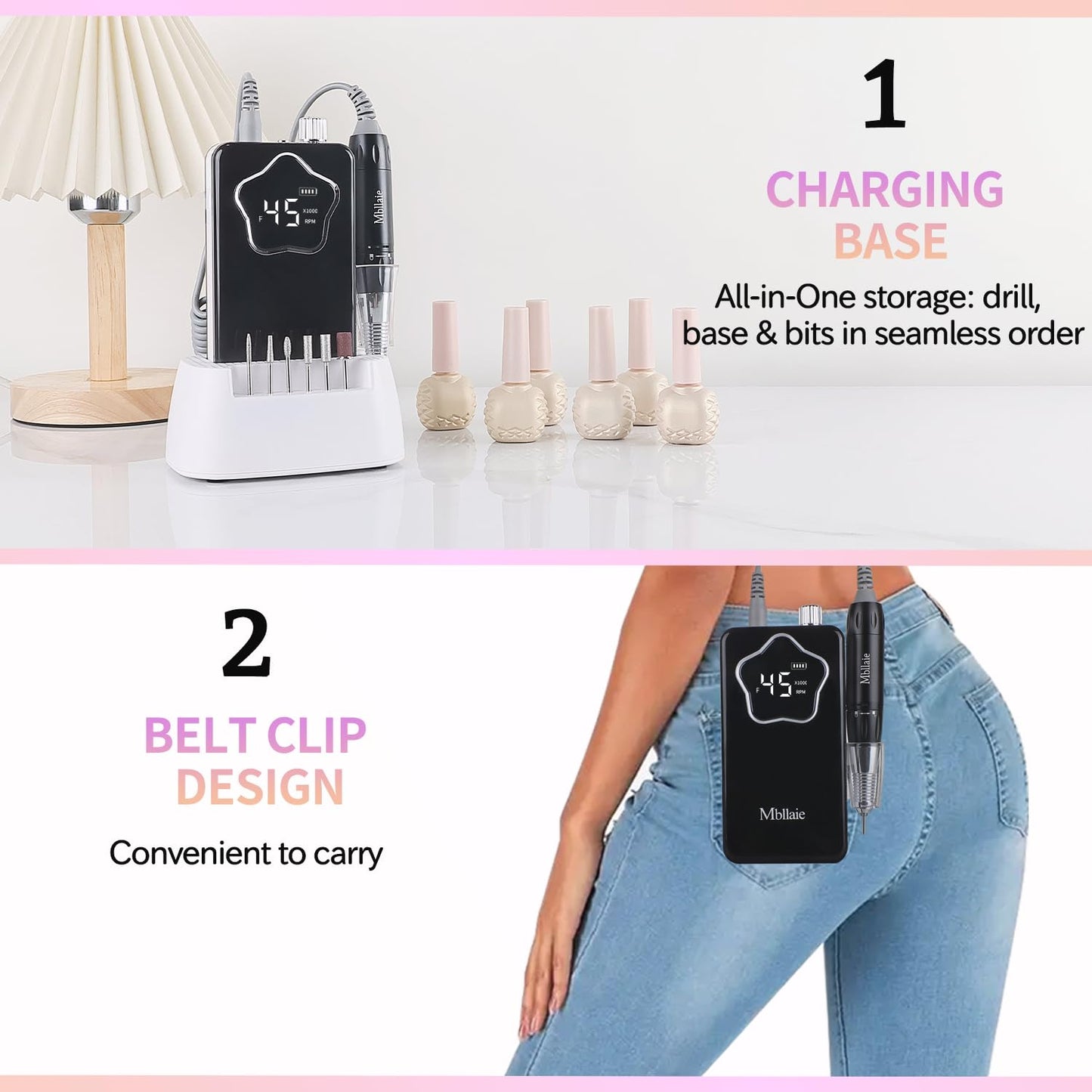 Professional Electric Nail Drill 45000 RPM：Rechargeable Nail File Machine Kit for Acrylic Gel Nails Polishing Removing Portable Cordless Efile with Base Ultra Power Salon & Home Use