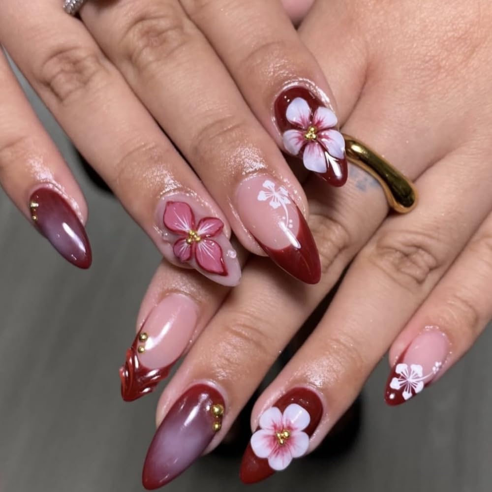 French Tips Press on Nails Medium Almond Fake Nails with Red Flower Charm Design Glossy Ombre Red Glue on Nail Floral Nails Press ons Reusable Full Cover Spring Summer Nail for Women Manicure 24Pcs