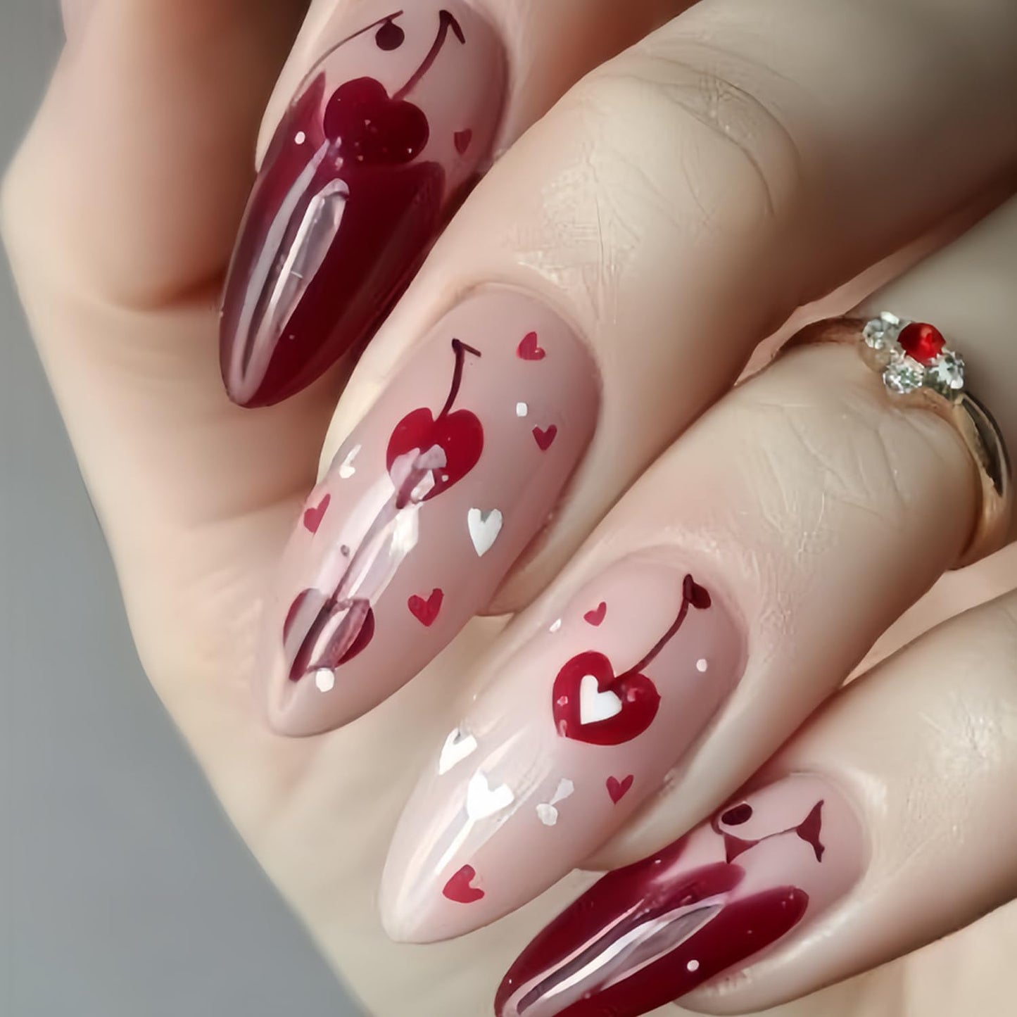 Heart Press on Nails Medium Almond Artificial Acrylic French Red Fingernails Red White Love with Cherry Design Coffin Nails Full Cover Glossy Valentines Glue on Nail Artificial Nail for Women Manicure