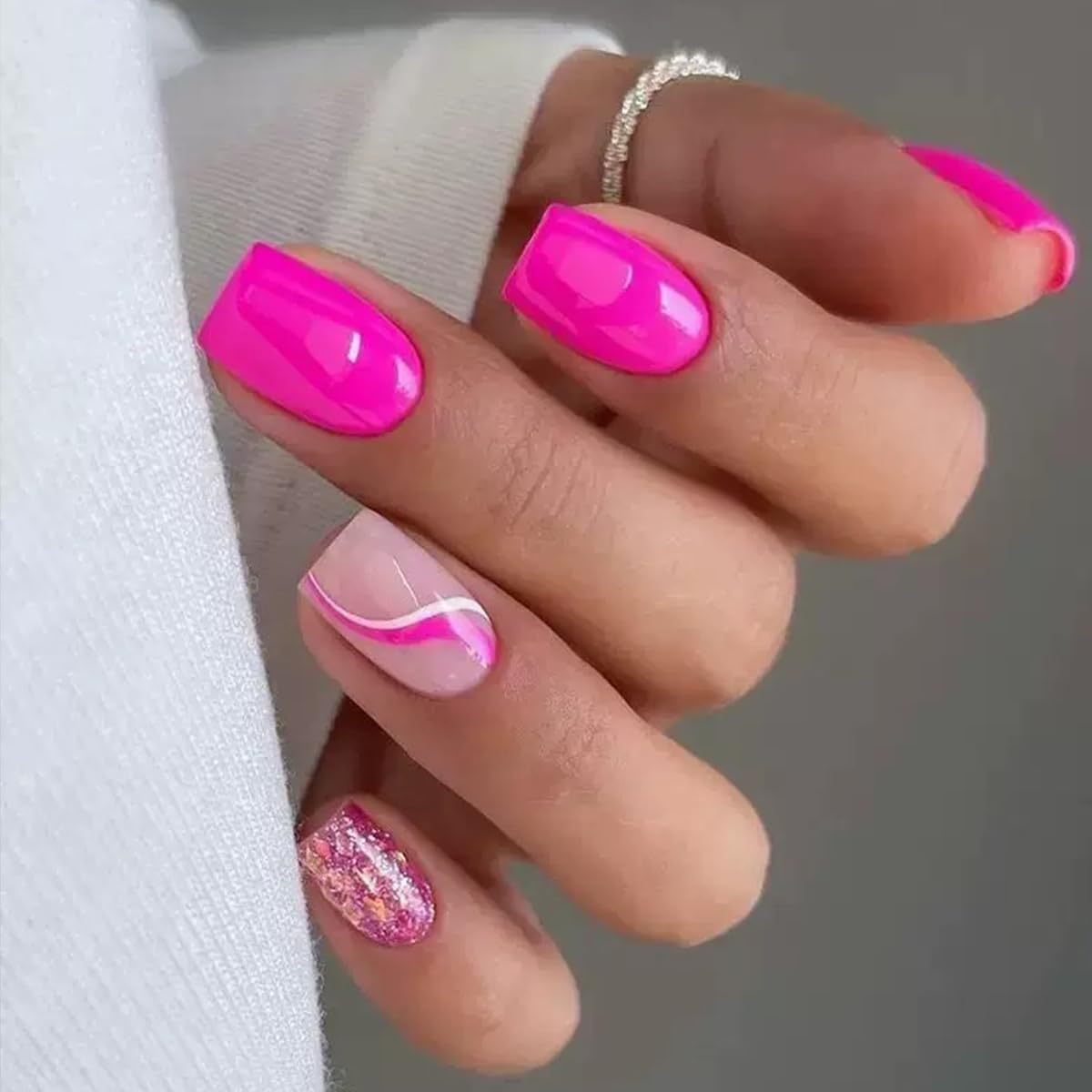 6 Packs (144 Pcs) Press on Nails Short Square Fake Nails Nude False Nails with Designs Ombre White French Tip Pink Brown Glue on Nails Full Cover Glossy Acrylic Stick on Nail for Women Manicure