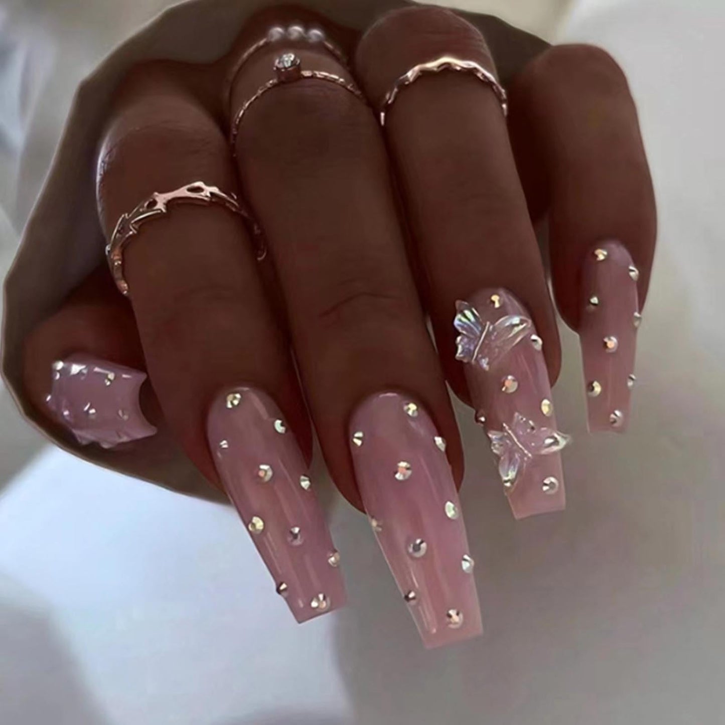 YoYoee Crystal Gem Design Nails Tips Long Coffin False Nails Nude Press on Nails Full Cover Cute Butterfly Fake Nails for Women and Girls 24PCS