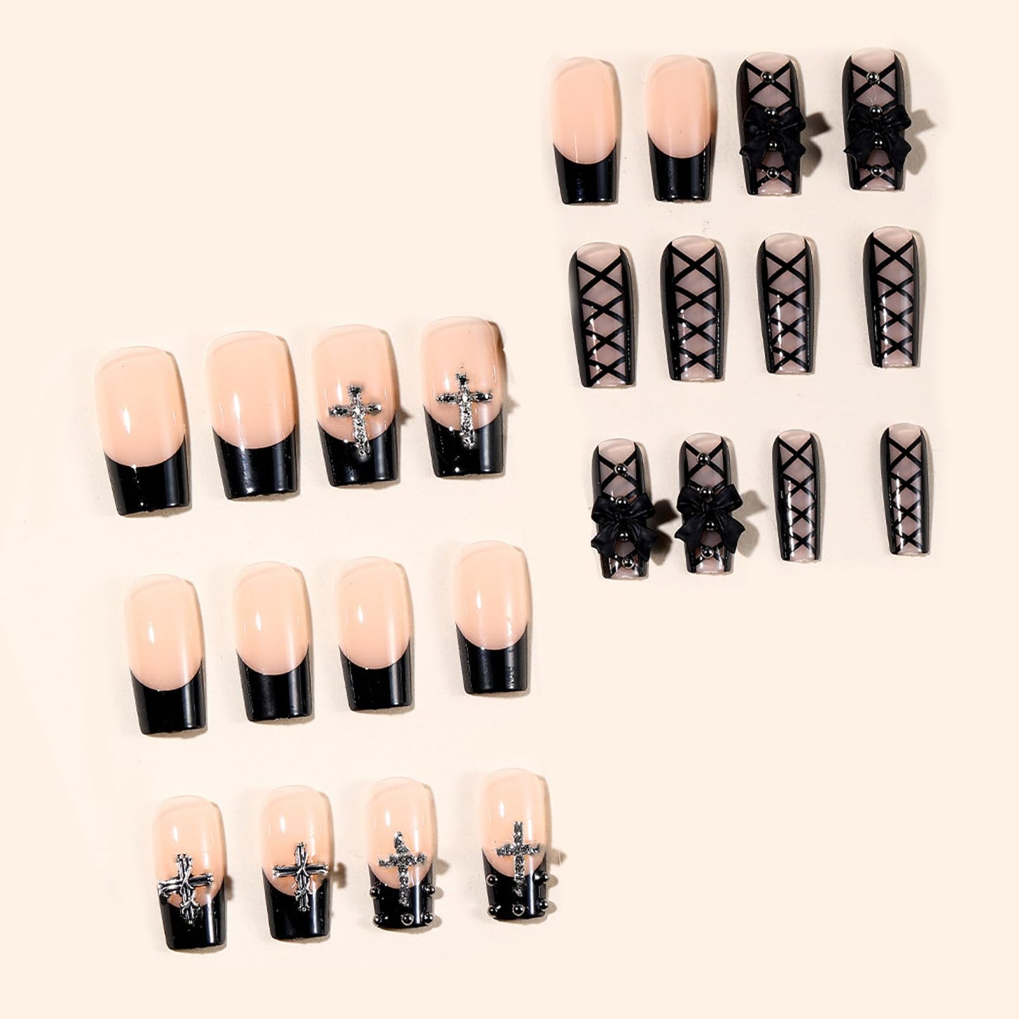 IMSOHOT Black French Press on Nails Long Square Fake Nails Acrylic Nude False Nails with Bow & Cross Design Full Cover Stick on Nails Glossy Glue on Manicure Kit for Women 24Pcs