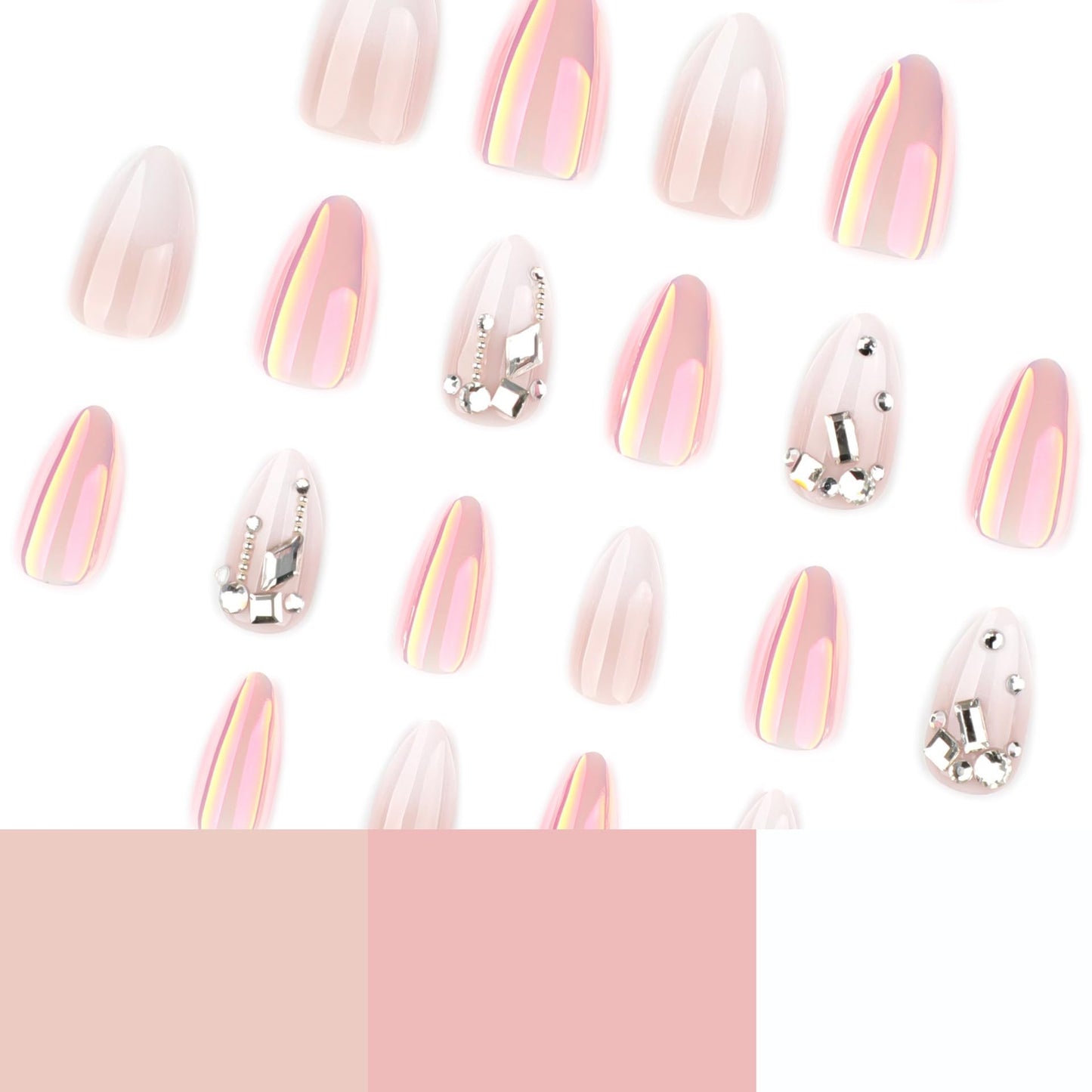 CTTHNBD Press on Nails Almond - Ombre White Fake Nails with Rhinestone Design - Medium False Nails Press ons - for Women 24 Pcs