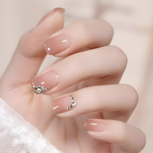 Vezocim Press on Nails Short Square-24Pcs Glossy Full Cover Acrylic Rhinestone False Nails with Gradient Designs Artificial Extra Short Square Fake Nails with Glue Stick on Fingernails for Women Girls