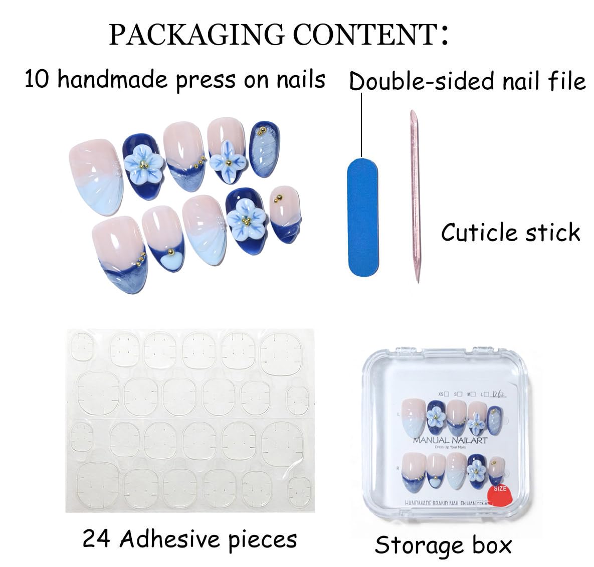 10Pcs Short Almond Handmade Press On Nails | Nude & Blue Ombre 3D Floral Wave Texture Gold Bead Decor | Easy to Apply Remove Reusable Salon-Quality Nail Art for Women&Girls (251210, XS)