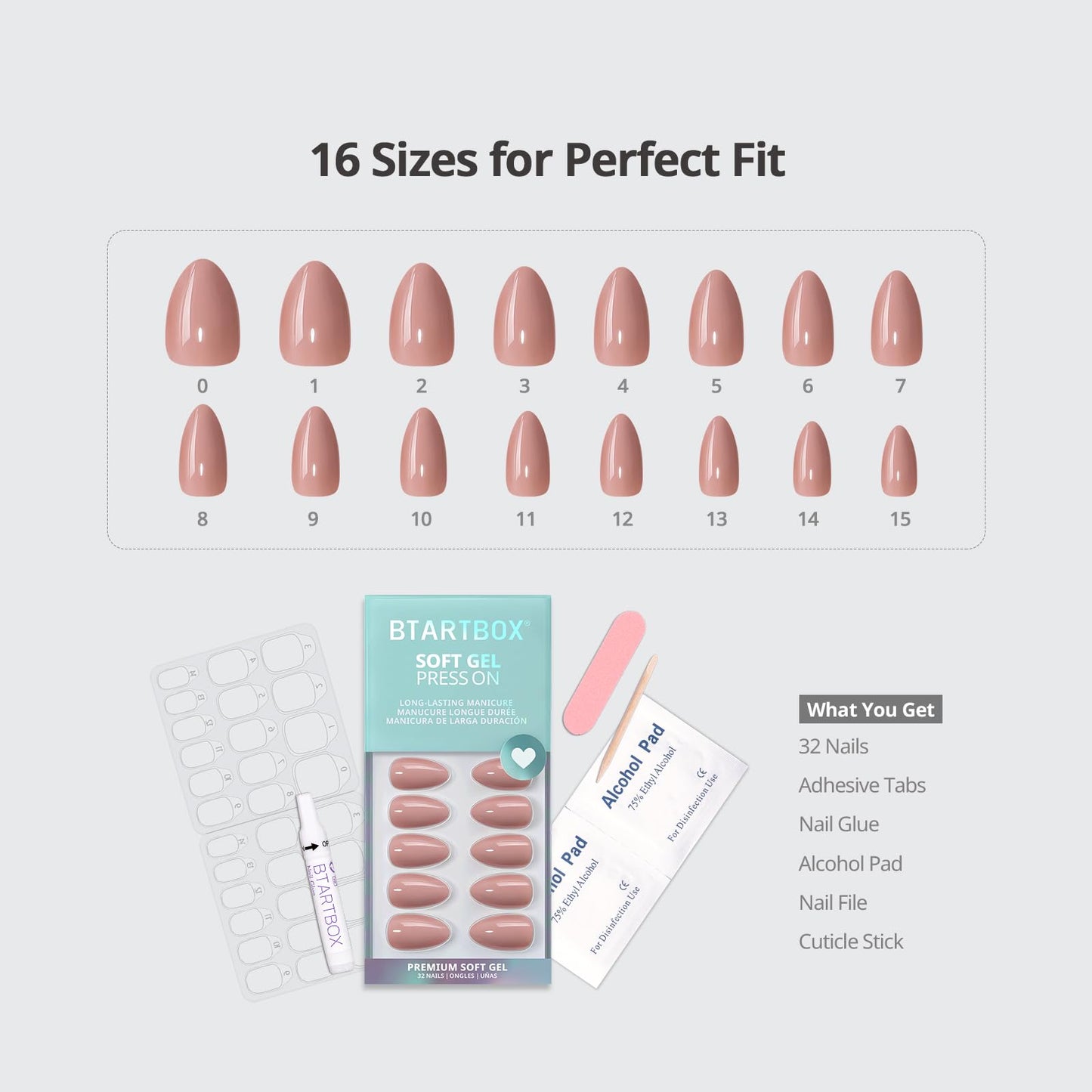 BTArtbox Press On Nails Almond - Flesh Pink Nude Short Fall Press On Nails with Glue for Women, Opaque Soft Gel Glue On Nails in 16 Sizes - 32 Stick On Nails Kit, Fawn Fleek
