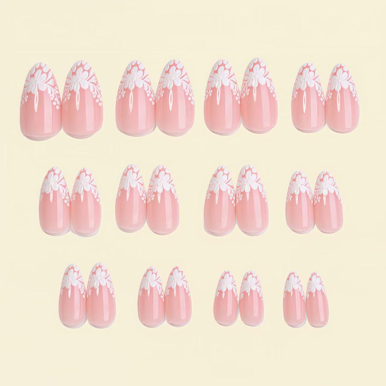 3D Floral French Press on Nails Medium Almond Fake Nails White Lace Floral French False Nails with 3D Daisy Flower Design Glossy Spring Stick on Nails for Women Girls Manicure Decoration 24 pcs