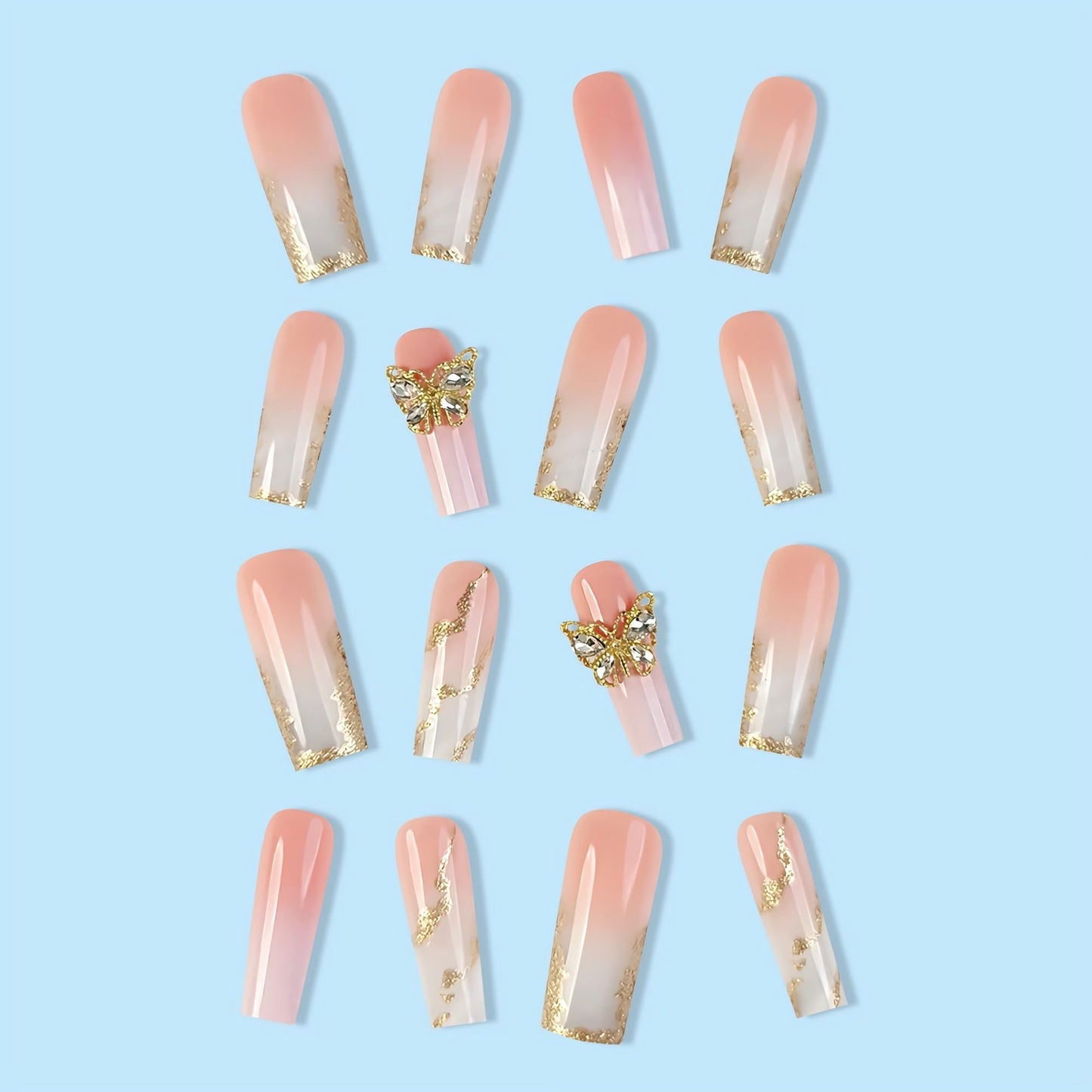 BABALAL Long Square Press on Nails, Pink White Gradient Golden Glitter Swirl 3D Butterfly Charm Design Acrylic Squoval Nails 24 Pieces