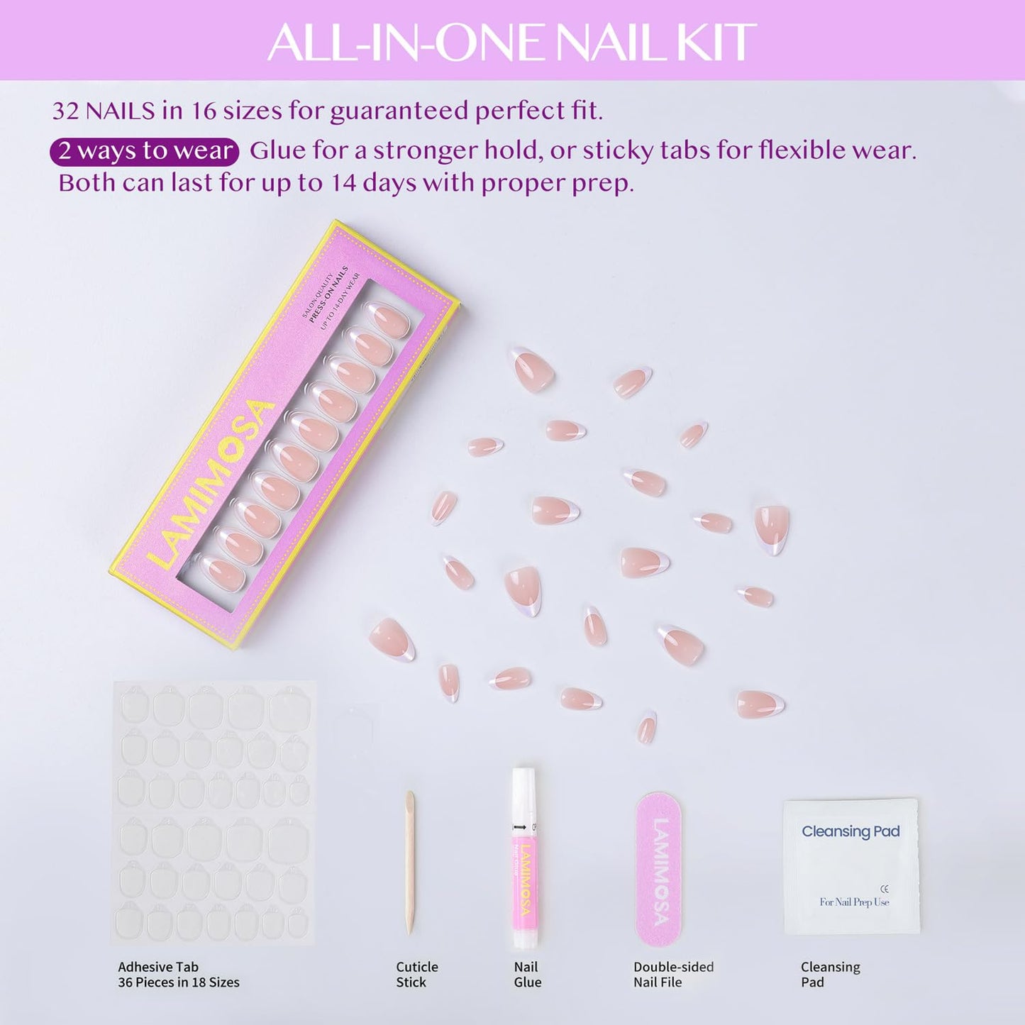 LAMIMOSA 32Pcs French Tip Press on Nails Short Almond - Soft Gel Fake Nails in 16 Sizes, Reusable Semi-Transparent Glue on Nails Kit, TWILIGHT FRENCH