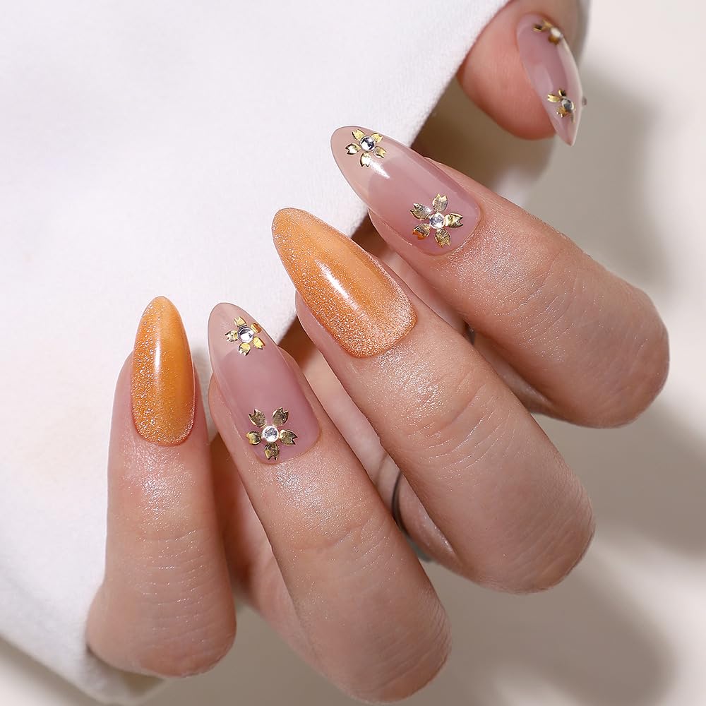 Nude Press on Nails Medium Almond Fake Nails Spring Nails Press ons with Flowers Design Glossy Full Cover Glue on Nails Artificial Stick on Nails for Women Manicure 24Pcs