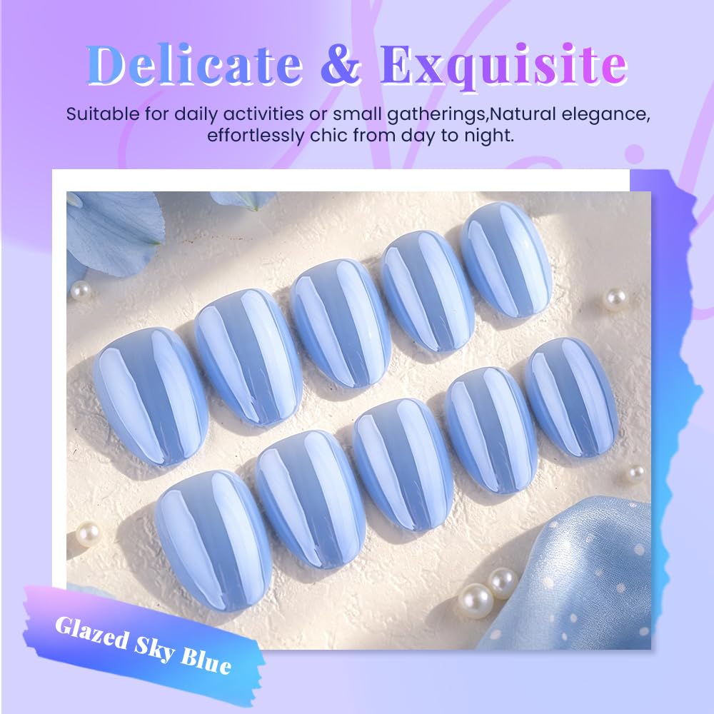 evpct Sky Blue Glazed Metal Press on Nails Short Oval, Short Oval Chrome Glossy Aurora Stick on Nail for Women, Reusable Full Cover Soft Press on Nail Perfectly Fit with Glazed Design Salon Quality