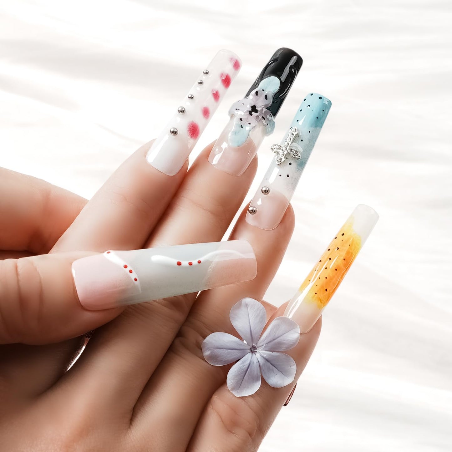 Tesytto Long Square Press on Nails - Luxury Handmade French Tips Press on Nail with 3D Flowers & Rhinestones Cross Design，Multi-Layer Gel False Nails for Women (Ice Crystal Water Lily,S)