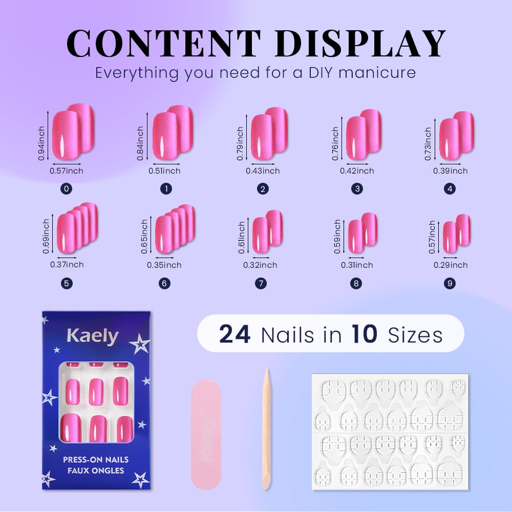 evpct Hot Pink Cat Eye Square Medium Press on Nails for Women, Rose Red Medium Square No Glue Stick on Nails with Cat Eye Design, Holographic Glossy Soft Nail, Reusable Press on Acrylic Fake Nail