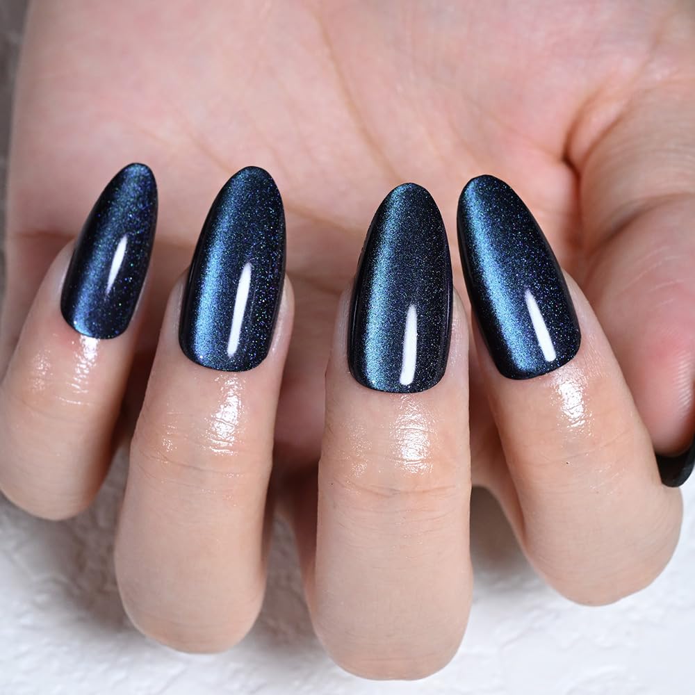 XZMeiLun Cat Eye Starry Blue Press On Nails Almond Medium, Magnetic Acrylic Fake Nails Stylish Design, Salon-Quality Shiny Finish, Reusable Stick On Nails Kit for Women, Daily Wear (No Glue Included)