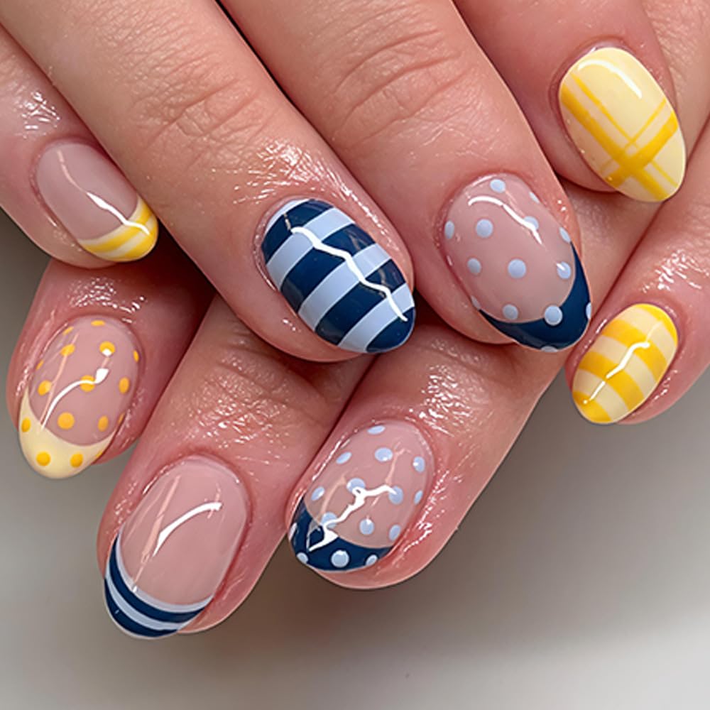 WLGDLH French Tip Press on Nails Short Oval Fake Nails, Blue Yellow False Nails Press ons Nail Art Tips with Polka Dot Stripes Design, Nude Glossy Finish Glue on Nails Stick on Nail for Women 24 Pcs