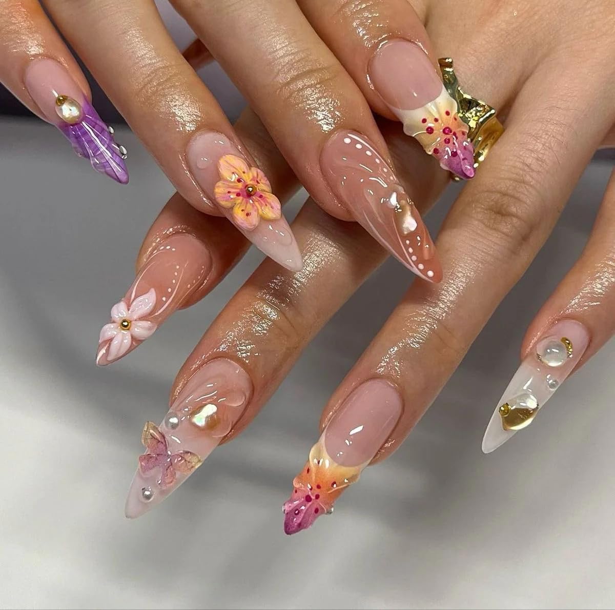 MAGLFELL Nails Press on Nails - Handmade Long Almond Fake Nails, Unique 3D Glossy French Design False Nails for Women, 10 Pcs Acrylic Handmade Fingernails (Size S)
