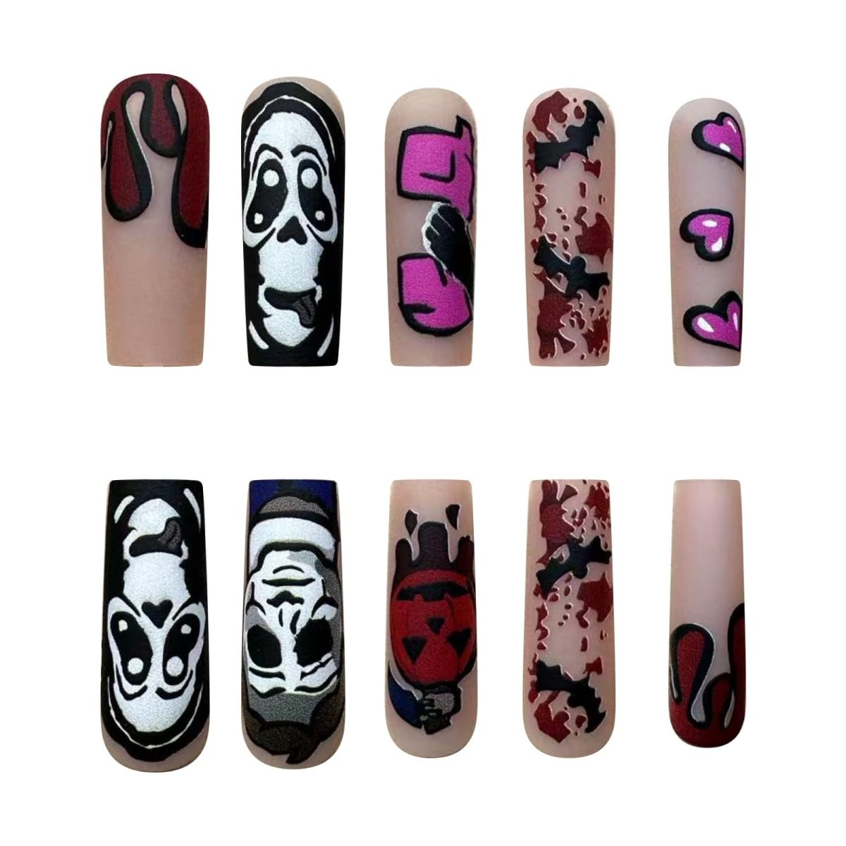 Halloween Press on Nails Long Square Fake Nails Pumpkin Ghost Blood Design Stick on Nails Matte Spooky False Nails Artificial Reusable Acrylic Glue on Nail for Women Nail Art Decoration 24Pcs