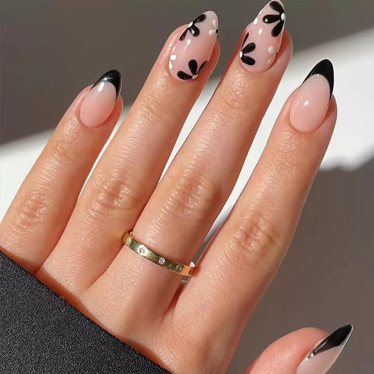 6 Packs (144 Pcs) Flower Press on Nails Medium Almond Fake Nails French Tip False Nails with Designs Spring Summer Floral Glue on Nail Full Cover Glossy Acrylic Stick on Nail for Women Manicure