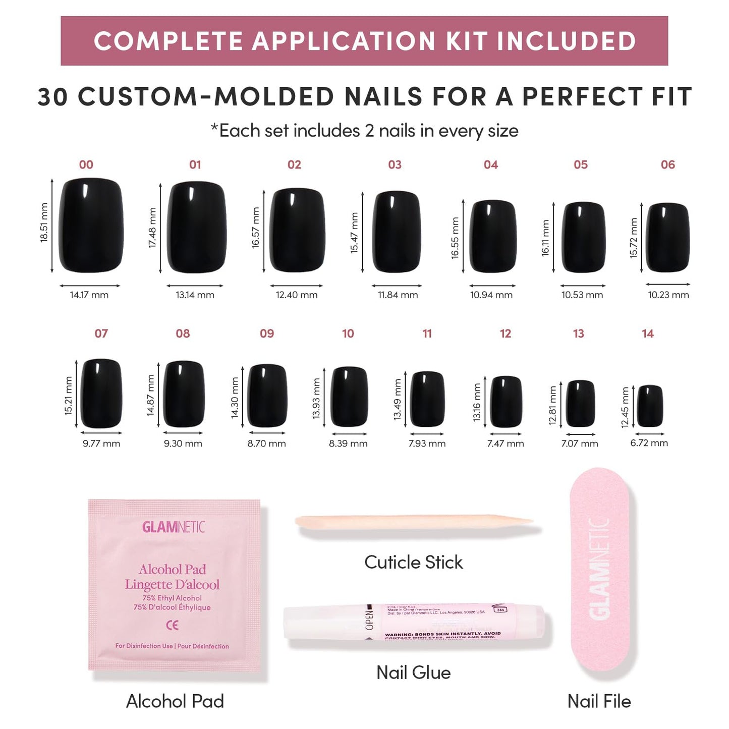 Glamnetic Press-On Nails Bundle - Midnight Romance, Jet Black & Red Bottom | Squoval Black Fake Nails with Magnetic Cat-Eye Design | Squoval Black Fake Nails with a Glossy Finish | Red Acc