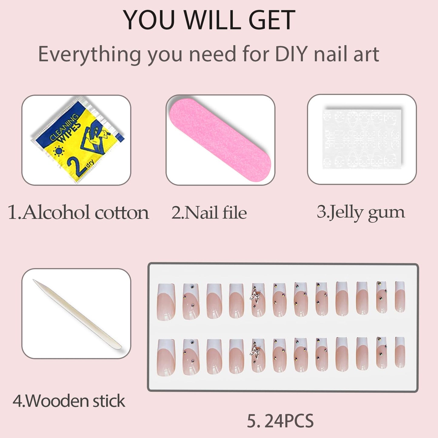 WAFOLOZE Nails Press ons,White French Tip Press on Nails Long Fake/False Nail with Butterfly Nail Charms Press ons Designs Gloss Acrylic Artificial Stick on Nail for Women 24Pcs
