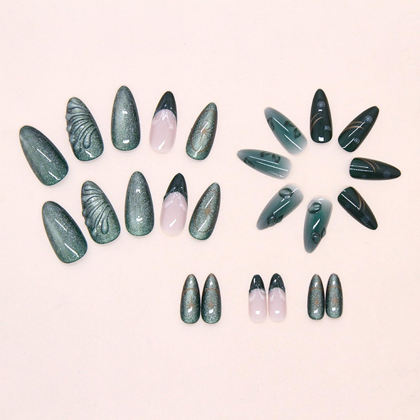 24Pcs Green Press on Nails Medium Almond Fake Nails with 3D Green Ripple Design Handmade Press on French Nails Tips Leaves Pattern Full Cover Glossy Y2k Reusable DIY Nails for Women Nail