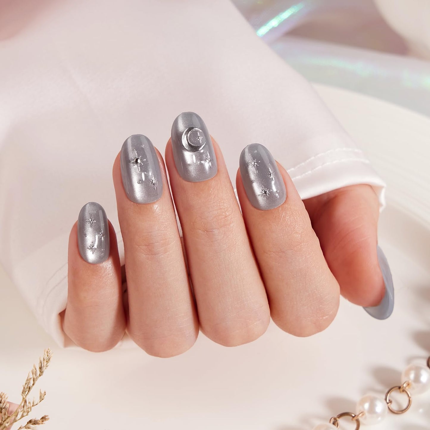 VSALON Oval Short Press on Nails, Silver Gray Star & Moon Summer Celestial Cat Eye Glossy 3D Art Nail Kit & Blue Cat Eye Mini Pack