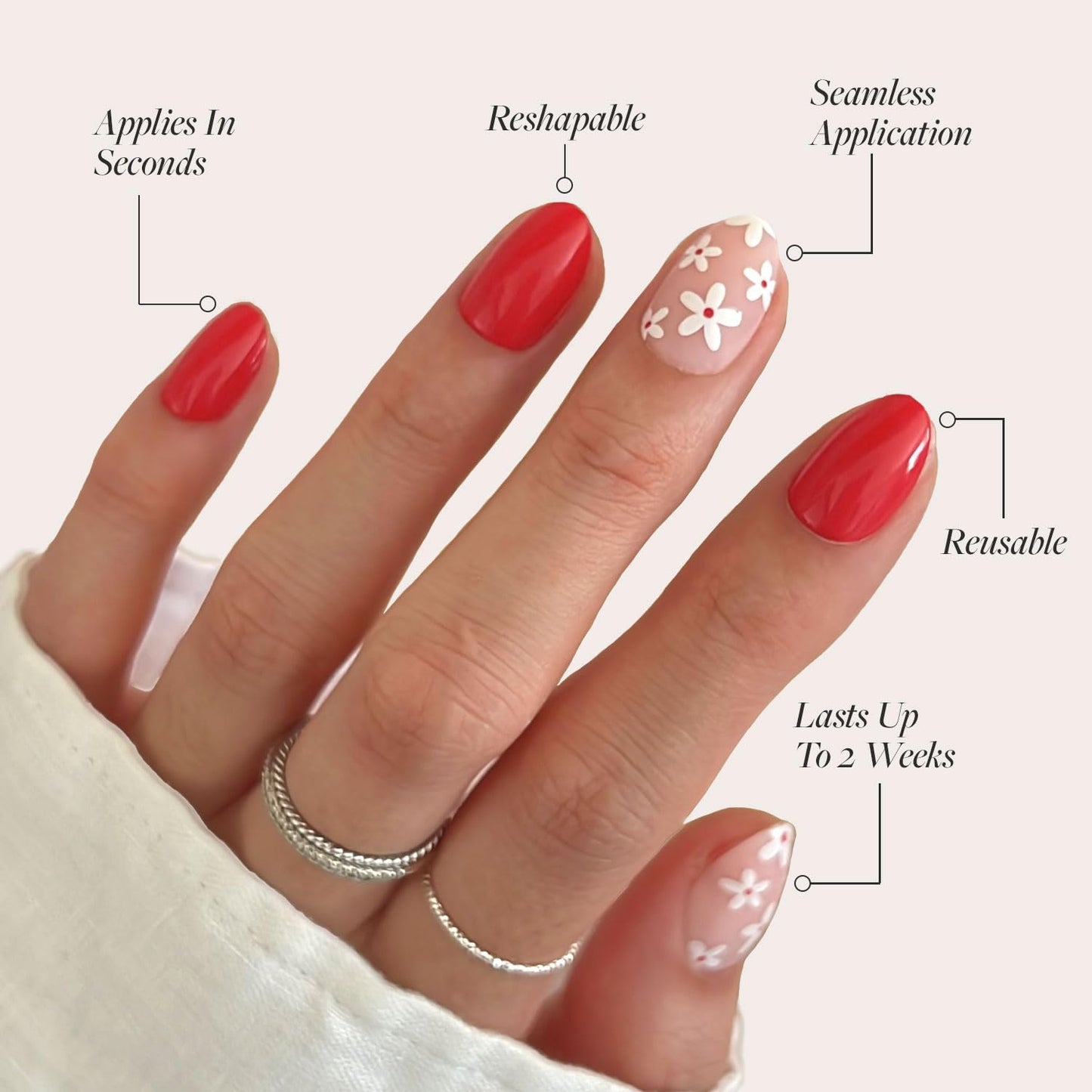 Glamnetic Press-On Nails Bundle - Red Blossom & Goal Digger | Short Oval Fake Nails with Floral Accents | Natural Short Round False Nails with Gold Foil | Reusable, Salon-Quality Nail Kits