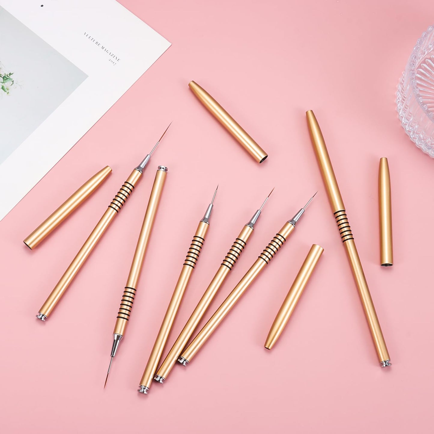 INENK 2PCS Round&Angled Nail Art Clean Up Brushes for OPI Nail Polish Remover + 6PCS Gold Nail Liner Brushes for Detail Painting Design Fine Lines Drawing, 5/7/9/11/15/25mm
