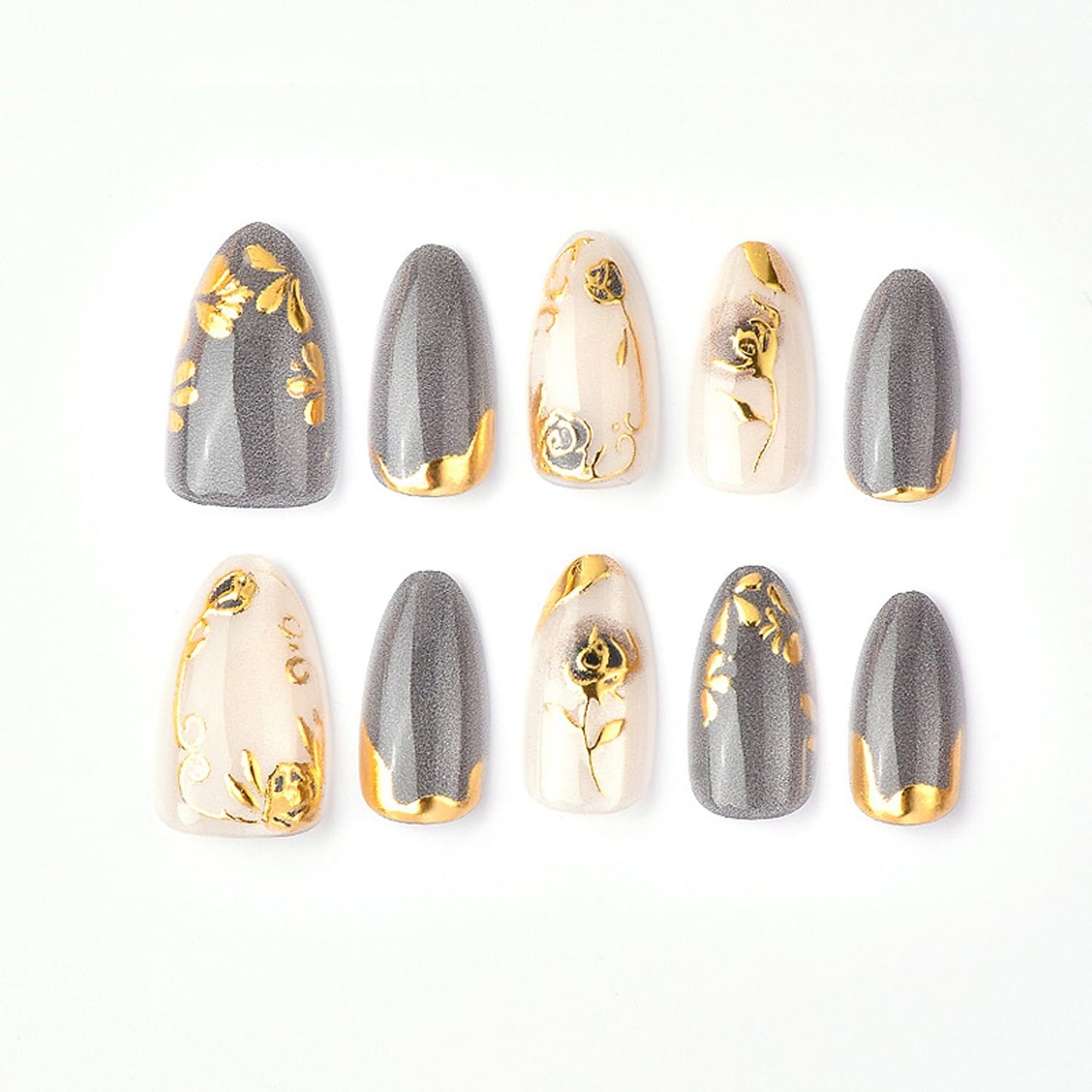 24Pcs Rose Press on Nails Medium Almond Fake Nails with Painted Flowers Boutique Nail Art Flower Rose Full Cover Acrylic Nails Black Gradient Floral False Nail Reusable Gold Stick on Nail for Women