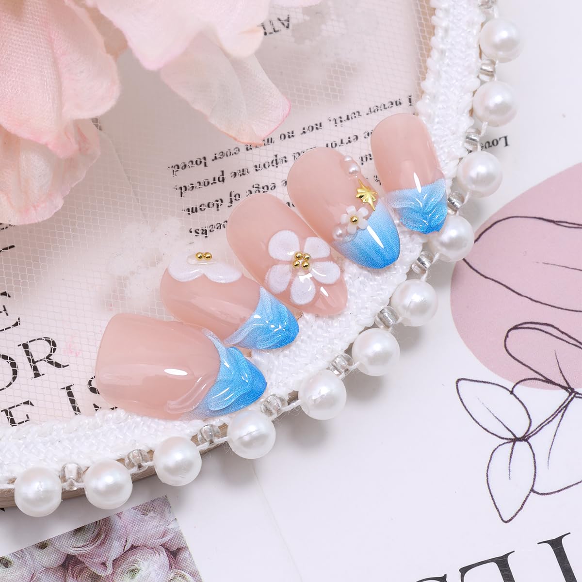 30Pcs Blue French Tip Press on Nails Short Almond Fake Nails with 3D Flower & Gold Rhinestones Design Nude Pink False Nail Full Cover Artificial Reusable Acrylic Nails Handmade Stick on Nail for Women