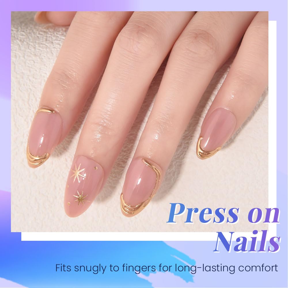 evpct Short Almond Press on Nails with French Tip & 3D Gold Line Star Design, Glossy Full Cover Acrylic False Nails with Glue, Reusable Stick - Glue on Fake Nails for Women- Fall Nail Art Gift