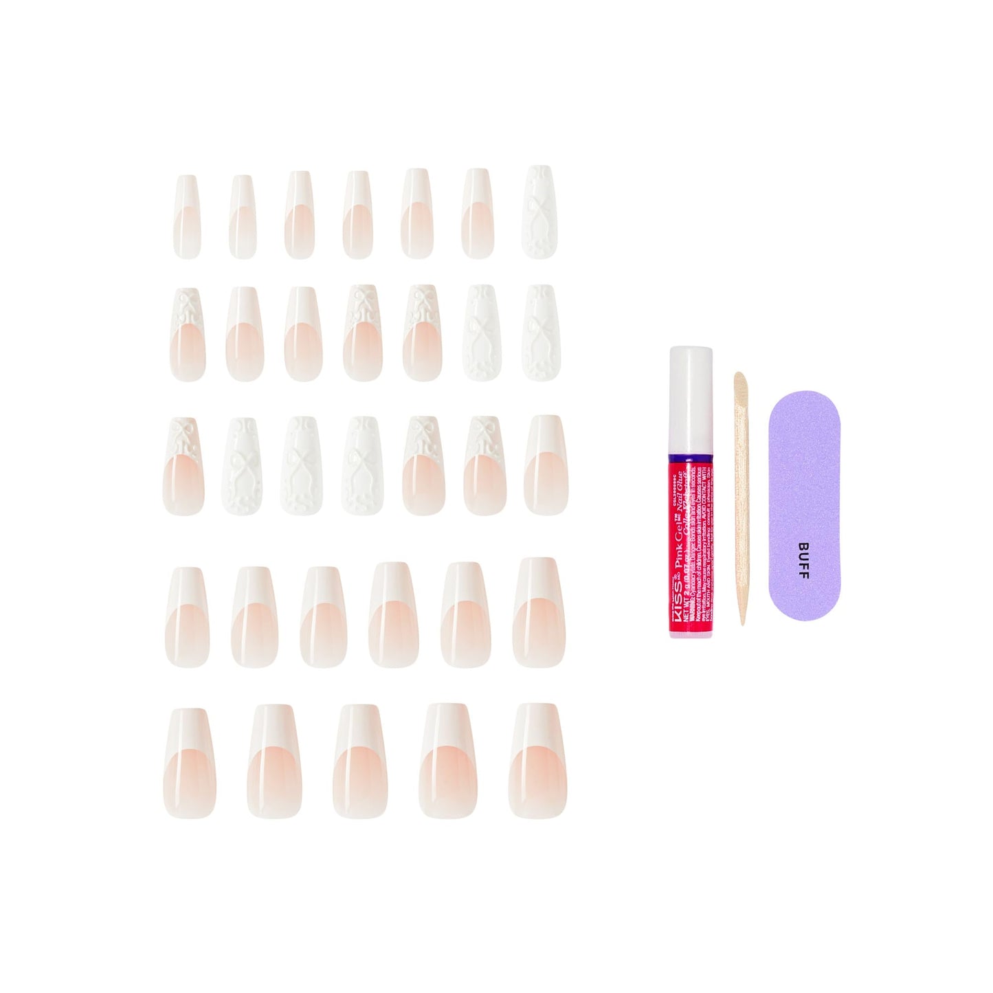 Kiss Glam, Press On Nails, Nail glue included, 'Breath of Harmony', White, Long Size, Coffin Shape, Includes 32 Nails, 2g Glue, 1 Manicure Stick, 1 Mini File