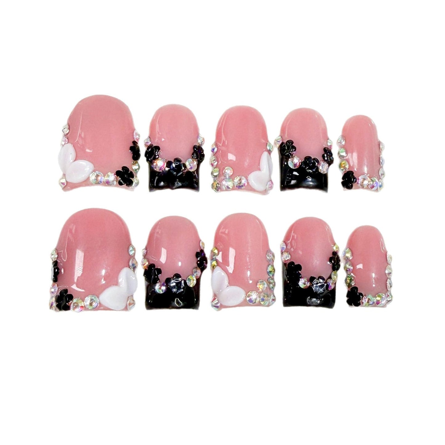 10 Pcs Handmade Press on Nails Short Square Fake Nails with 3D Flower Rhinestones Charms Design Black French Tip Pink False Nails Acrylic M Size Press Ons Nails Square for Women