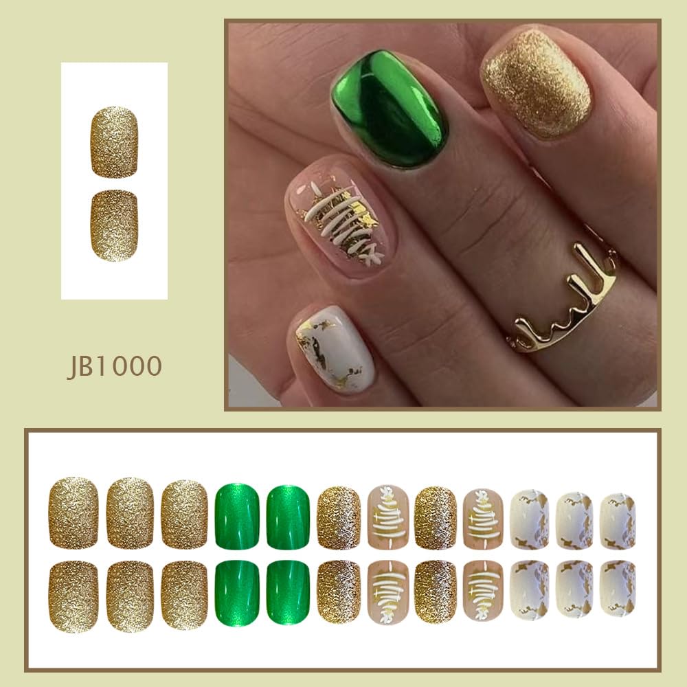 Christmas Green Press on Nails Short Fake Nails with Gold Glitter Designs Christmas Tree Full Cover False Nails for Women Winter Gradient Acrylic Nail Christmas Glue on Nails Holiday Kit 24Pcs