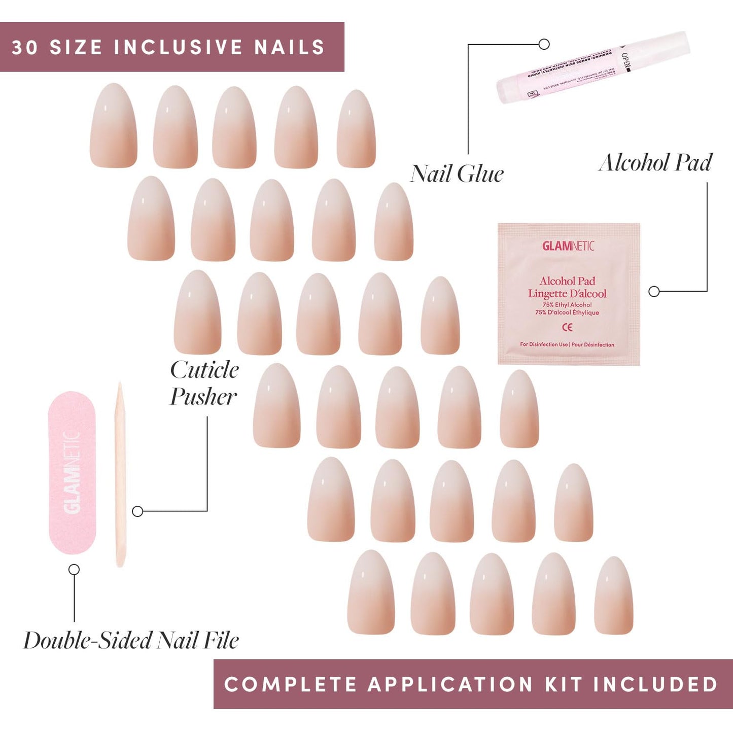 Glamnetic Press-On Nails Bundle - Frosted Chai & Fiancéd | 2 Glazed Nude Fake Nails with Ombré in Medium Almond & Short Almond | Durable, Salon-Quality Nail Kits