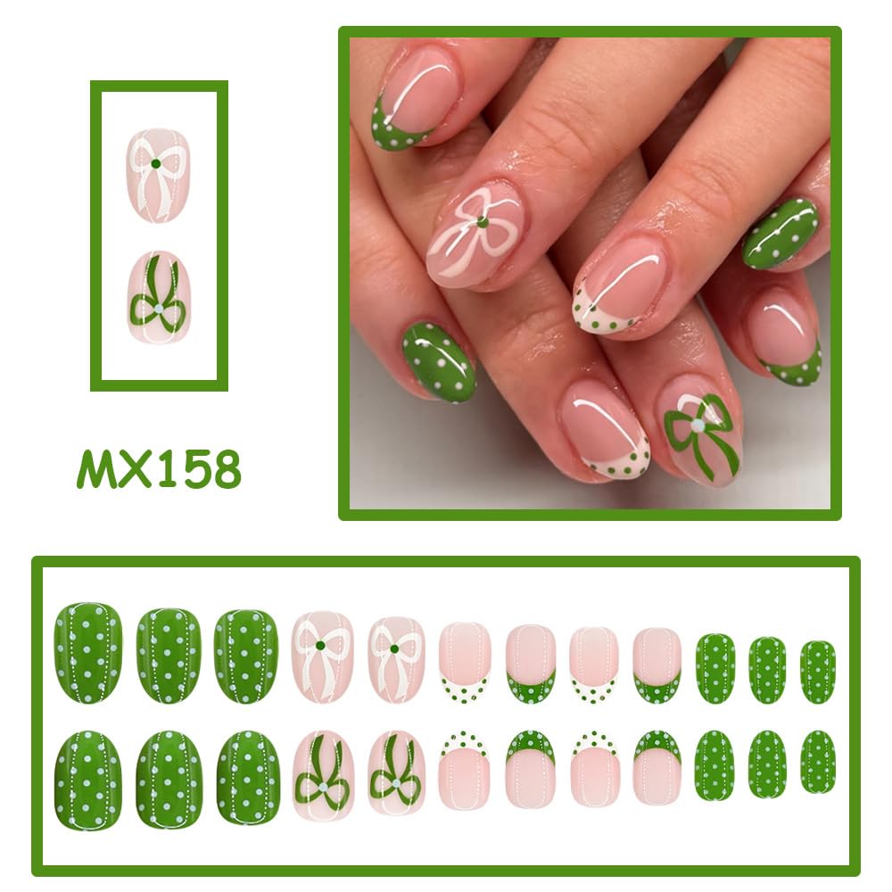 Spring Green Press on Nails Short Oval Fake Nails FrenchTip False Nails Press ons with Polka Dot, Bow Design,Cute Reusable Artificial Nail Full Cover Stick on Nails for Women Manicure 24Pcs